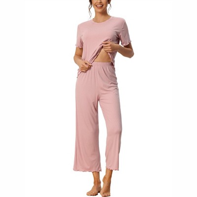cheibear Women's Pajama Set Ruffle Round Neck Soft Knit Short Sleeve Shirt with Pants Capri Loungewear