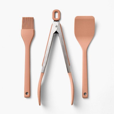 3pc Silicone Mini Turner Basting Brush and Tongs Set Terracotta Orange - Figmint™