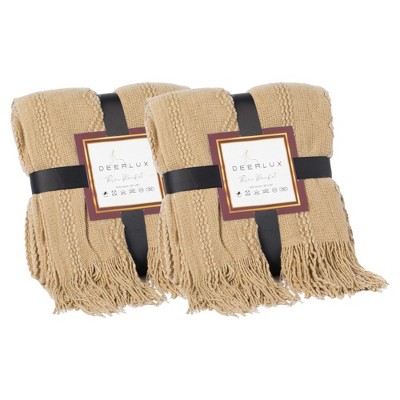 Deerlux Set of 2 Zigzag Stripe Pattern Knit Throw Blanket with Fringe, Lightweight, Breathable, Easy Care, All-Season, Ideal for Lounging, Beige