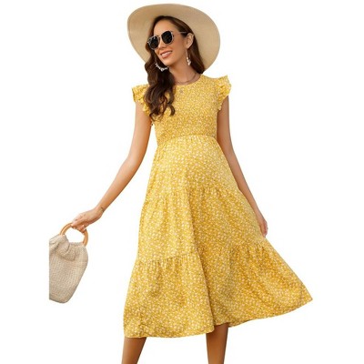 Maternity Short Sleeve Smocked Summer Dress Crew Neck Casual Midi Dress Baby Shower Photoshoot