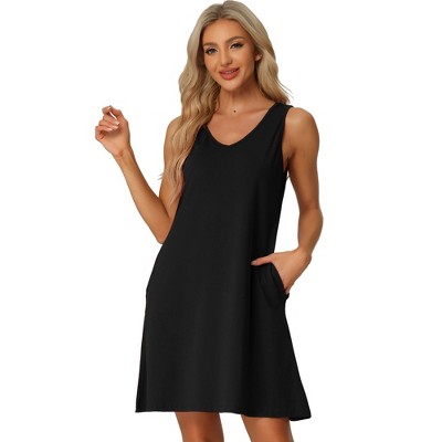cheibear Women's V-Neck Sleeveless Pajamas Tank Dress with Pockets Nightgowns