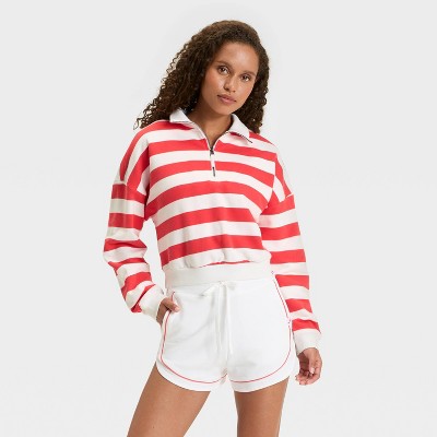 Women's French Terry 1/2 Zip Sweatshirt - JoyLab™ Red Stripe M