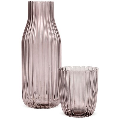 Elle Decor Ribbed Bedside Water Carafe with Tumbler Set, Ribbed Glass Pitcher and Matching Drinking Glass Doubles as Lid, 39-Ounce