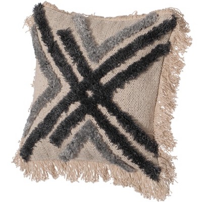 16" Handwoven Cotton & Silk Throw Fringed Pillow Cover Embossed Zig Zag & Crossed Lines Design, Insert Included