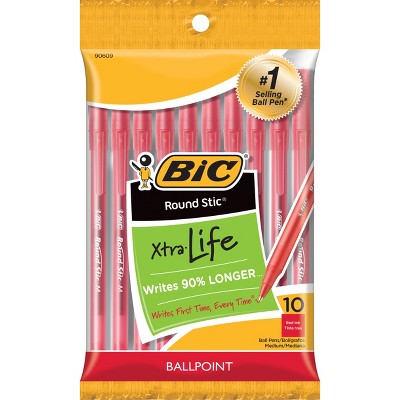 BiC Xtra Life Ballpoint Pens, 1.0mm, 10ct - Red: School Supplies, Stationery, Visible Ink, Round Stic