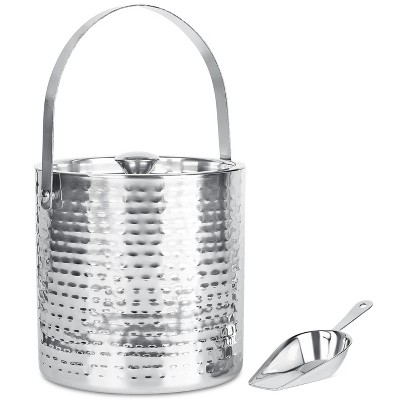 BirdRock Home Hammered Ice Bucket with Scoop & Lid - 2.8 Liter - Silver