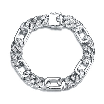 Guili Mens Rhodium Plated Sterling Silver Oblong Curb Chain Bracelet with Iced Out Cubic Zirconia Stones for a Bold and Luxurious Fashion Statement