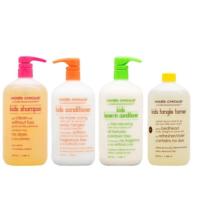 Mixed Chicks Kids (33 oz XXL LITER) Shampoo, Conditioner, Leave In Conditioner & Tangle-Tamer (4 piece Hair SET KIT) for Children