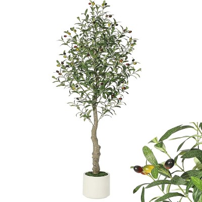 Faux Olive Tree Tall Artificial Olive Trees Indoor with White Planter and Green Moss, Fake UV Resistant Plant for Home Office Decor