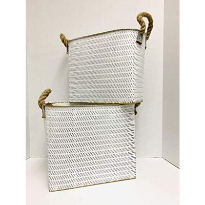TX USA Corporation Painted White Embossed Metal Bins with Decorative Jute Handles - Set of 2