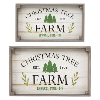 Northlight Set of 2 Gray and White Farm Fresh Christmas Trees Wooden Tray Hanging Signs 21"