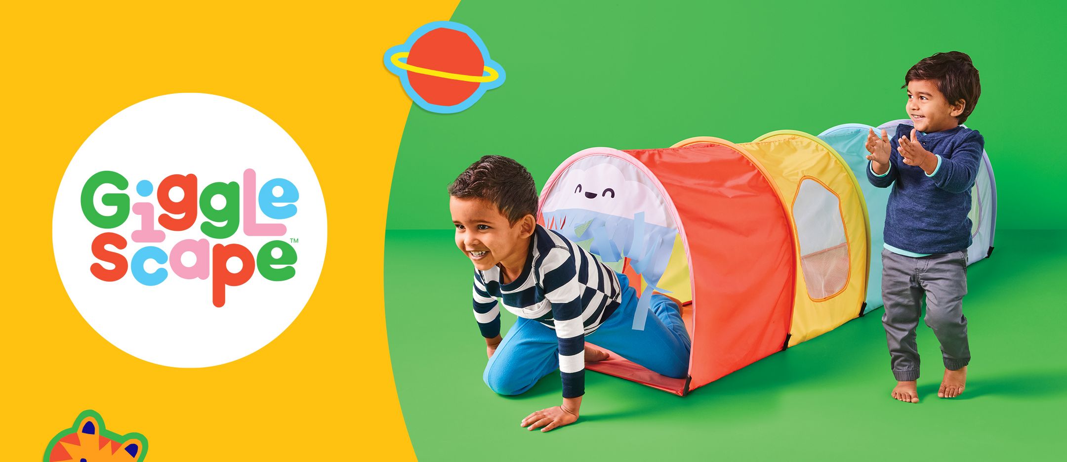 Giggle scape, where 2 kids playing with a play tunnel/tent