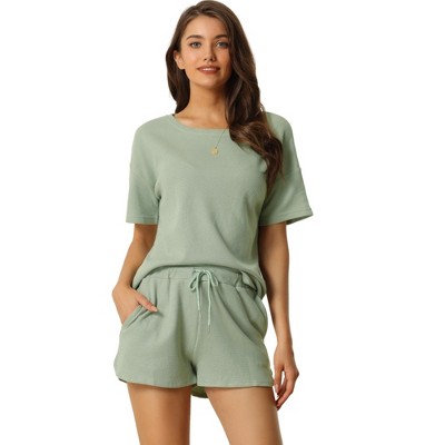 cheibear Women's Casual Pullover Short Sleeve Sleepshirt with Shorts Waffle Pajama Sets