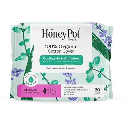 The Honey Pot Company 100% Organic Cotton Cover Cooling Herbal Infusion Regular Pads - 20ct