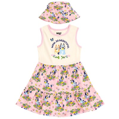 Bluey Bingo Floral Girls Dress and Bucket Sun Hat Little Kid to Big Kid